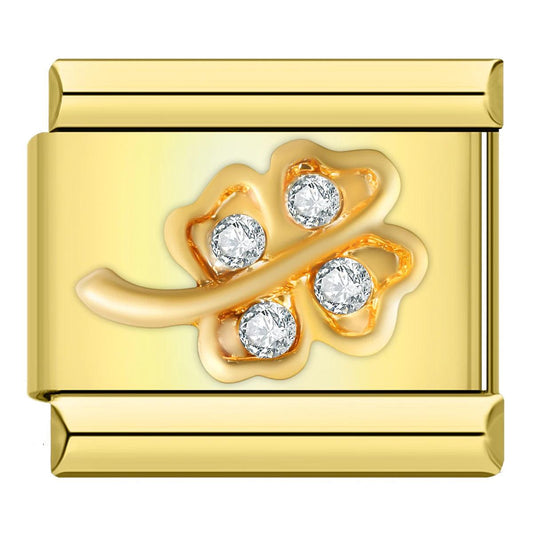 4-leaf Clover and its Stem, in Gold and White Stones - Charms Official