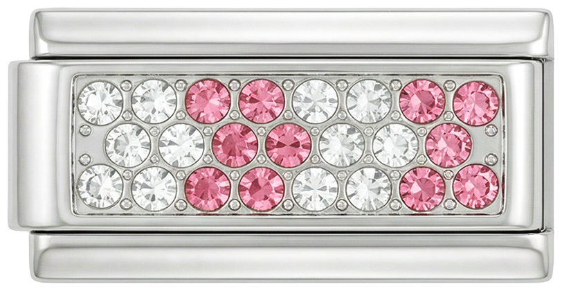 Placca argentata con pietre rosa e bianche, doppia, in argento