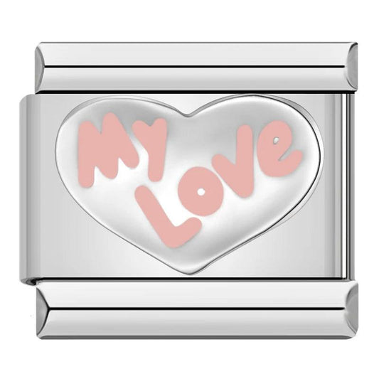 Heart in Silver, My Love in Pink, on Silver - Charms Official